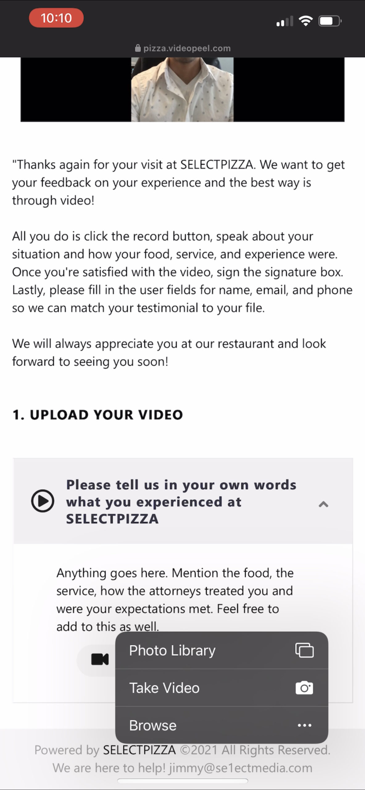 Website showing you to upload a photo or video